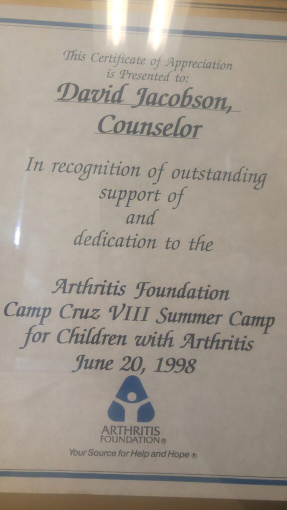 Certificate of Appreciation for volunteering as a counselor at a camp for children with arthritis