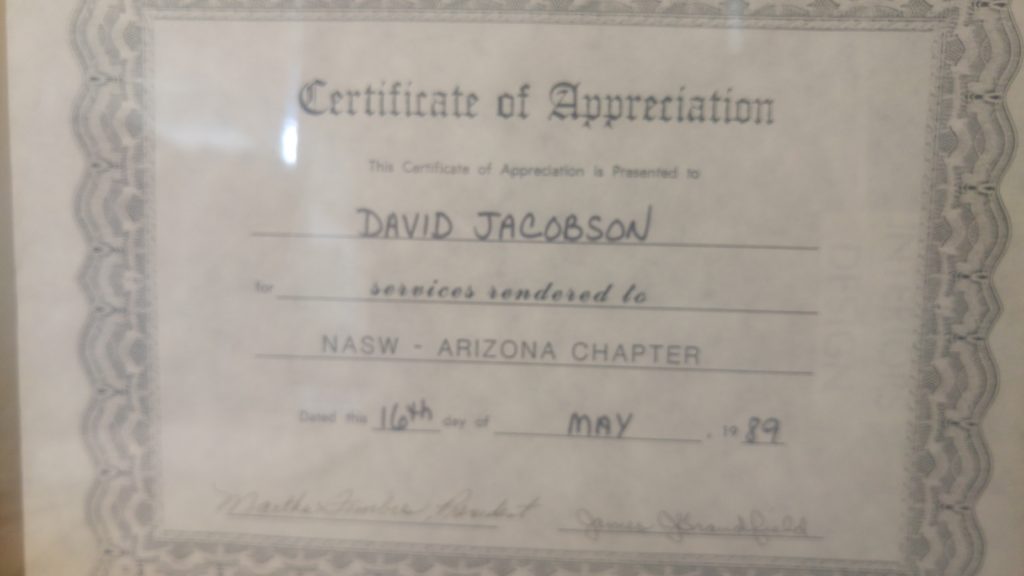 Certificate of Appreciation for services rendered to the National Association of Social Workers: